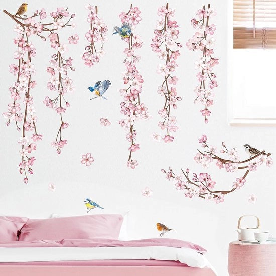 Decorazione per Parete con Fiori di Ciliegio in Bordo per Camera da Letto o Soggiorno con Modello di Albero e Uccelli
