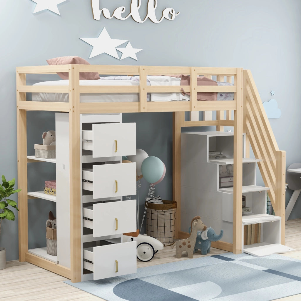 OKWISH Letto a soppalco 90×200 cm, Letto Singolo con 4 Cassetti, Mensole e Scala con Contenitore, senza Materasso, Legno Naturale