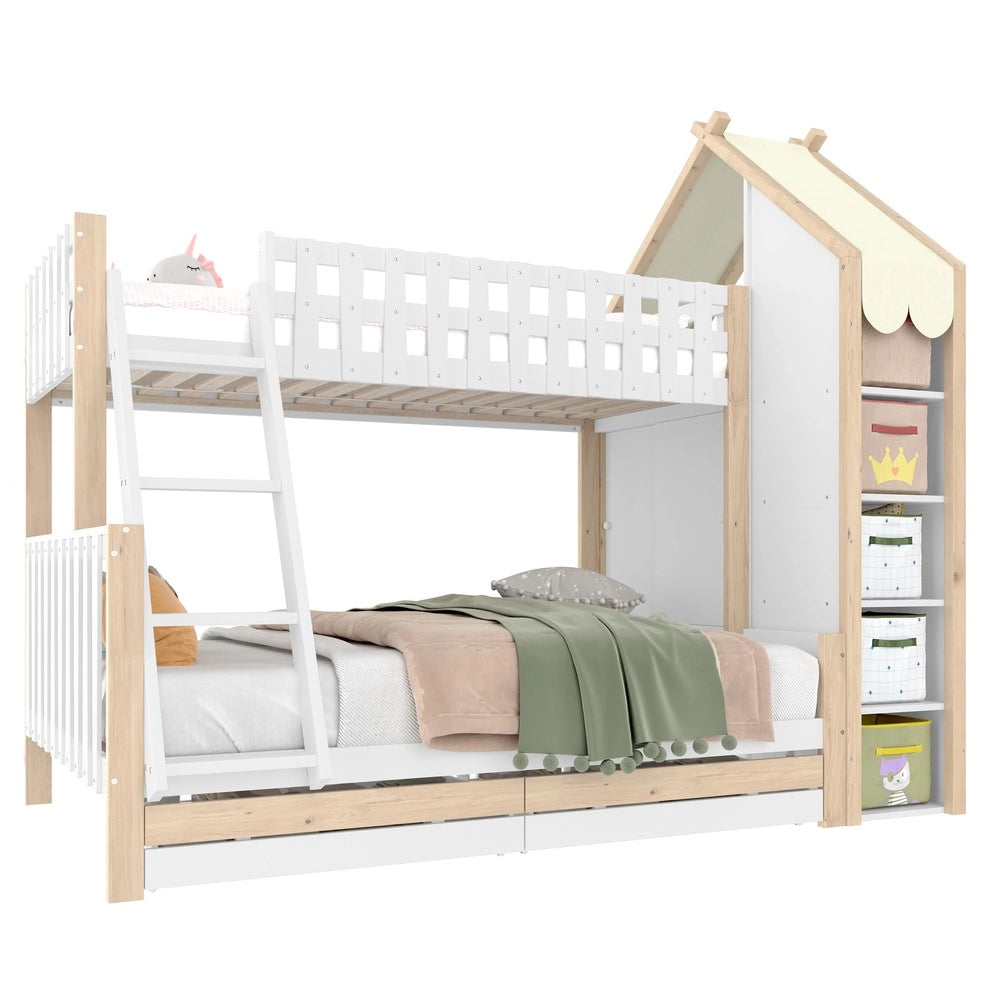 Letto a Castello 90x200 140x200 con Cassetti e Scaletta ¨C MINIMAL ¨C Bianco e Naturale