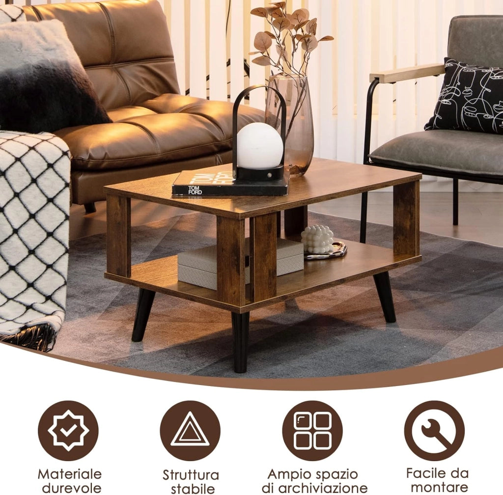 Tavolino da Salotto in Legno, Tavolino Centrale a 2 Livelli con Ripiano di Stoccaggio Aperto, Tavolino da Caffè Industriale e Moderno per Soggiorno e Ufficio, Portata 50 kg, 70 x 50 x 41cm