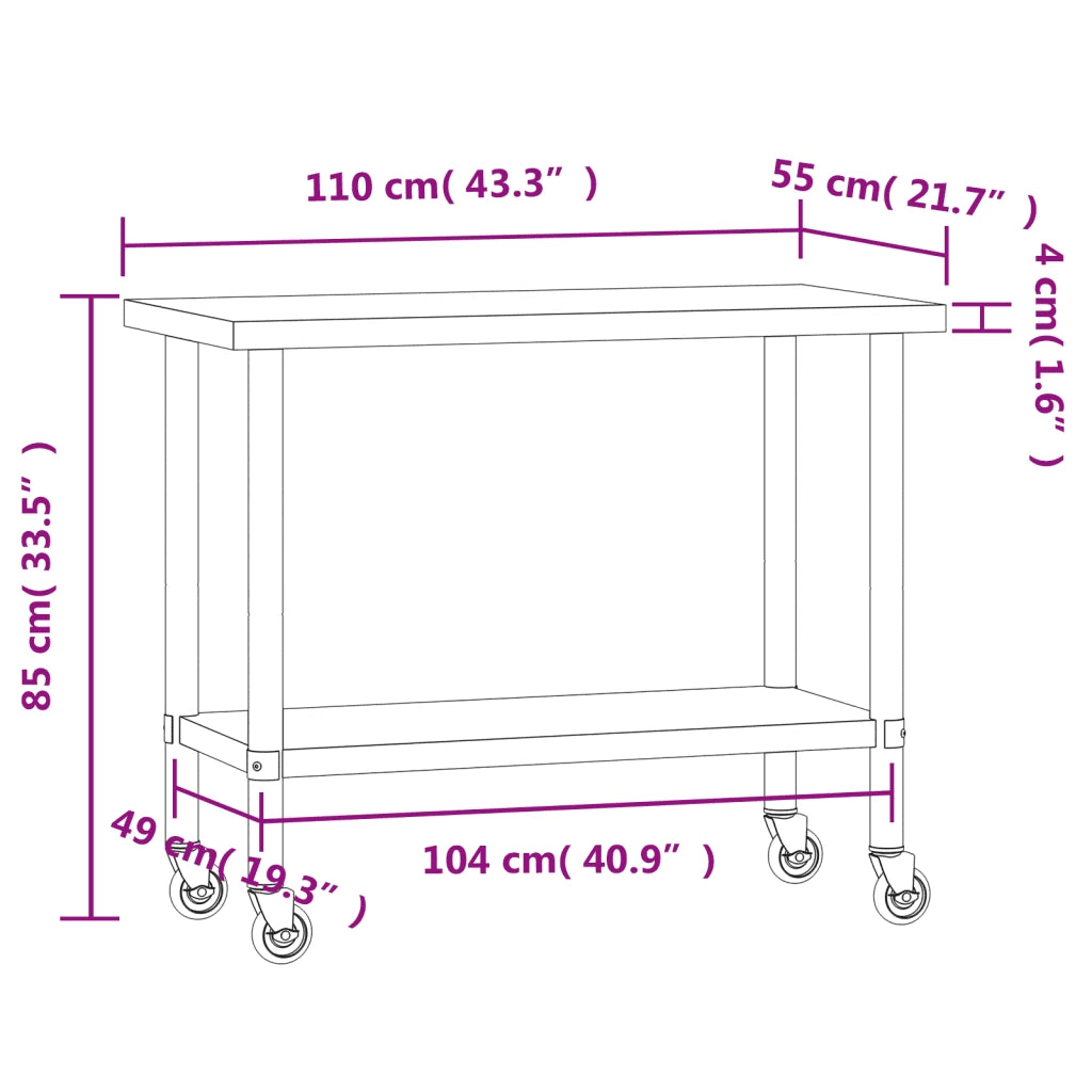 Tavolo da Lavoro Cucina con Ruote 110x55x85 cm in Acciaio Inox CFW8271631