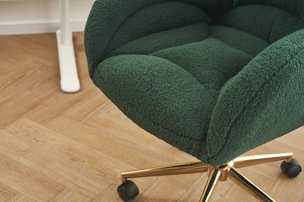 Sedia da ufficio girevole con altezza regolabile e ruote a 360 gradi, design ergonomico in tessuto teddy verde