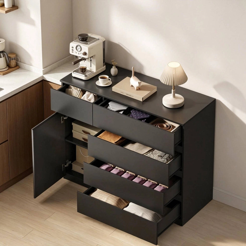 Mobile contenitore con 5 cassetti e armadietto regolabile; 100x40x80 cm; nero