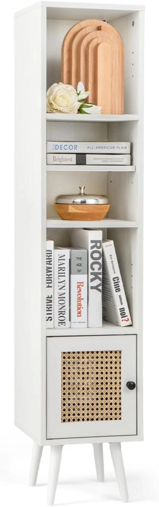 Libreria Scaffale con Anta in Rattan Naturale, Scaffale Legno in Stile Boho con 3 Ripiani Regolabili in 12 Posizioni, per Soggiorno Cucina e Camera da Letto, 29,5 x 29,5 x 137 cm (Bianco)