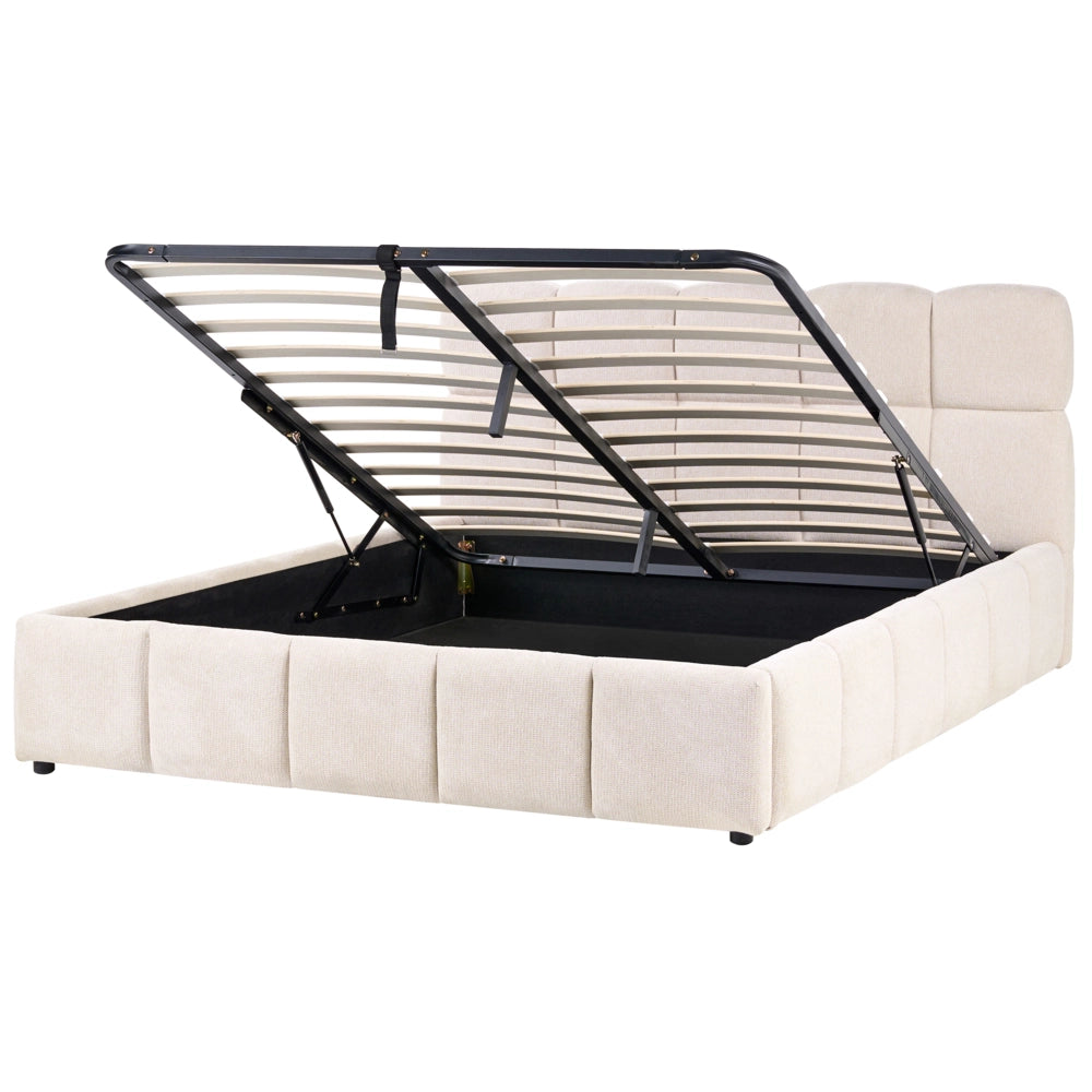 Letto matrimoniale imbottito con struttura a molle a sollevamento trapuntata 160 x 200 beige chiaro con contenitore a molle sollevabile