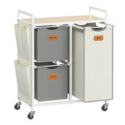 Cesto portabiancheria a 3 scomparti capacità 100 litri cestino con ruote carrello con ripiani borsa tasche laterali 6 etichette beige 2_0006655