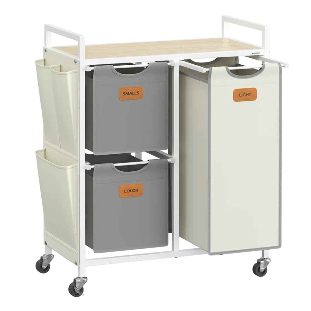 Cesto portabiancheria a 3 scomparti capacità 100 litri cestino con ruote carrello con ripiani borsa tasche laterali 6 etichette beige 2_0006655
