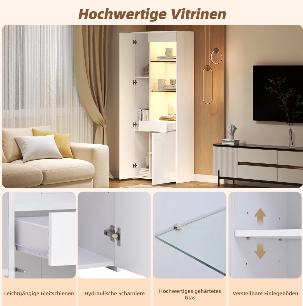 Vetrina alta 70 x 35 x 180 cm con luci a LED e cassetto