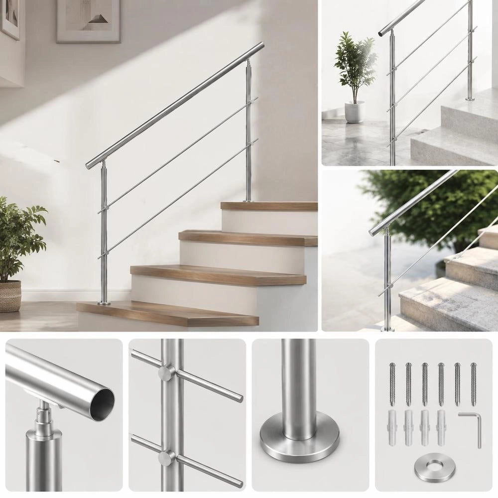 Handrails For Outdoor Stairs, 180 Cm Long, 2 Crossbars, Stair Handrail Set, Stainless Steel Transition Railing With Mounting Kit, Double-post Stair Handrails For Seniors, Veranda And Terrace