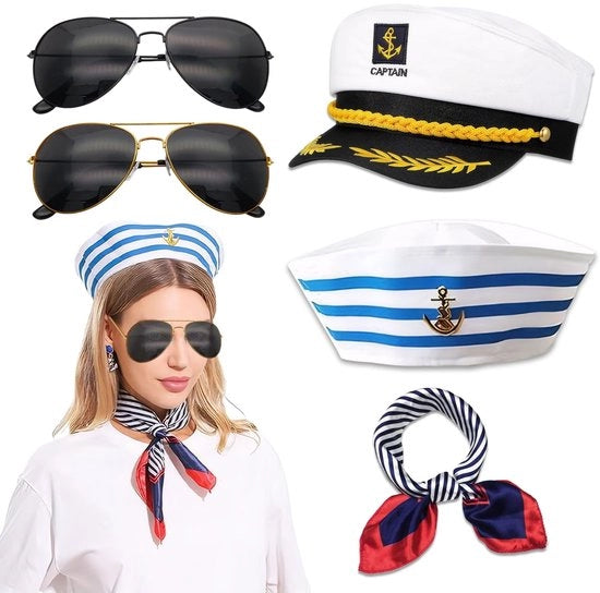 Costume da Capitano da Yacht - Cappello da Capitano / Cappello da Marina - Sciarpa - Occhiali da Sole - Leggero / Poliestere e Cotone Durevole