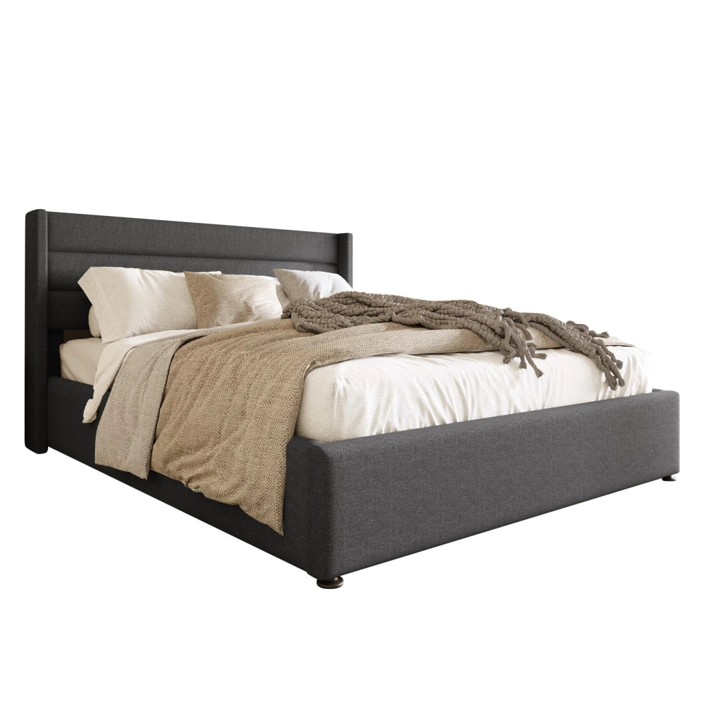 Letto contenitore imbottito idraulico 140x200 cm in lino grigio