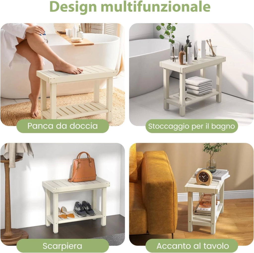 Sgabello da Doccia a 2 Livelli, Panca da Bagno Impermeabile con Piedini Antiscivoli, Design a Stecche, Sgabello Versatile con Carico 150 kg, 61 x 31 x 49 cm (Bianco)