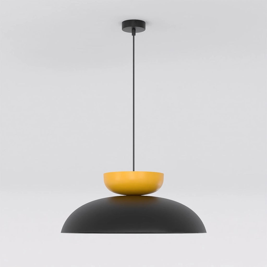 Lampada a sospensione Mega a cupola in acciaio nero e arancione