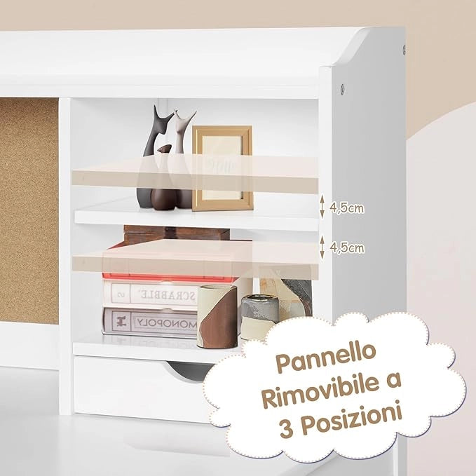 Set Scrivania e Sedia per Bambini 5-12 Anni, Tavolo in Materiale Sicuro con Bacheca in Sughero, 2 Cassetti e Spazio Ampio, Design Moderno, Ideale per Studio e Disegno (Bianco)