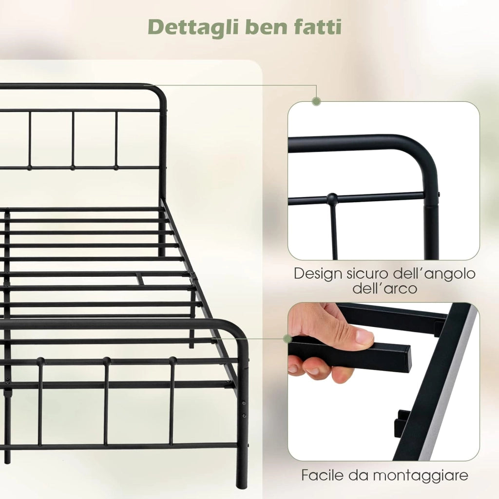 Struttura del Letto in Metallo, Telaio da Letto con Testiera e Pediera, Piattaforma Letto con Doghe in Acciaio, Carico Massimo 300kg (200cm x 160cm)