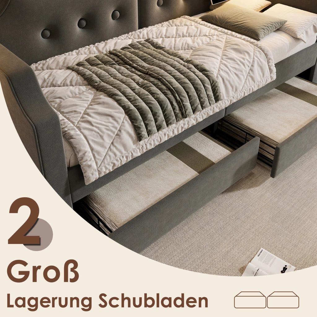 LETTO 90x200 cm in velluto grigio con 2 cassetti, USB Type-C e lampada da lettura