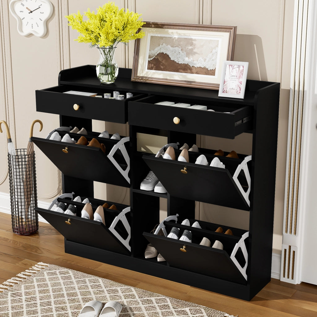 Mobile Scarpiera con 4 Ante a Ribalta; 2 Cassetti e 3 Vani a Giorno; Stile Minimalista; in Pannello truciolare; Nero; 110×26×100 cm