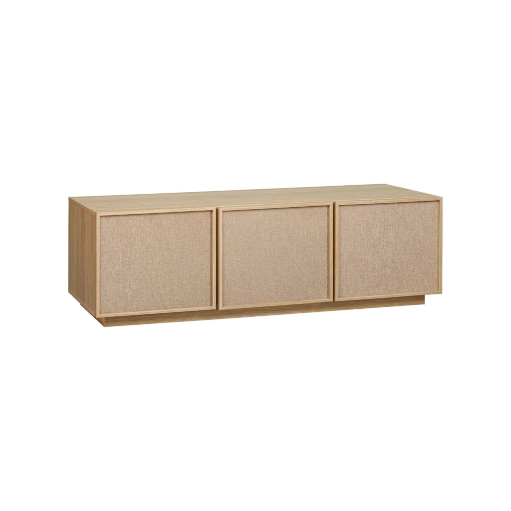 Mobile tv decorativo in legno e tessuto 3 ante, 140 cm, marrone