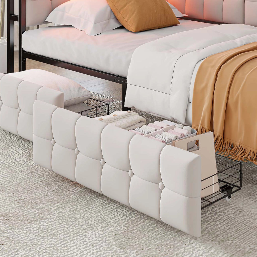 OKWISH Letto Divano 90×200 cm, Letto Singolo con 2 Cassetti, LED Regolabile e USB e Tipo C, senza Materasso, in Tessuto, Beige