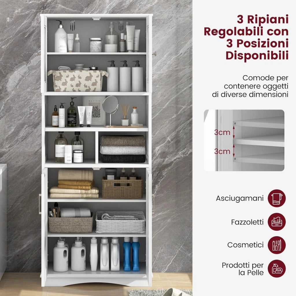 Mobile Bagno, Armadietto Salvaspazio con Porte in Acrilico, Ripiani Regolabili e Ampio Scomparto, Armadio da Terra in Legno per Soggiorno, Camera da Letto, Salotto e Cucina (Bianco)