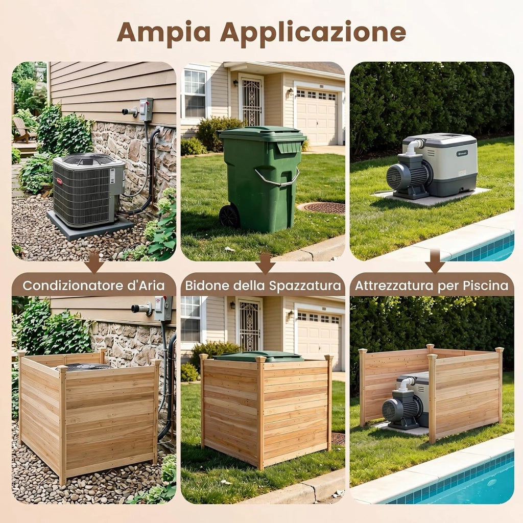 Recinzione Giardino, Recinto da Esterno a 3 Pannelli in Legno Massello, Schermo Ventilato Copri Bidoni, Condizionatore e Attrezzature, per Terrzza e Cortile, Naturale