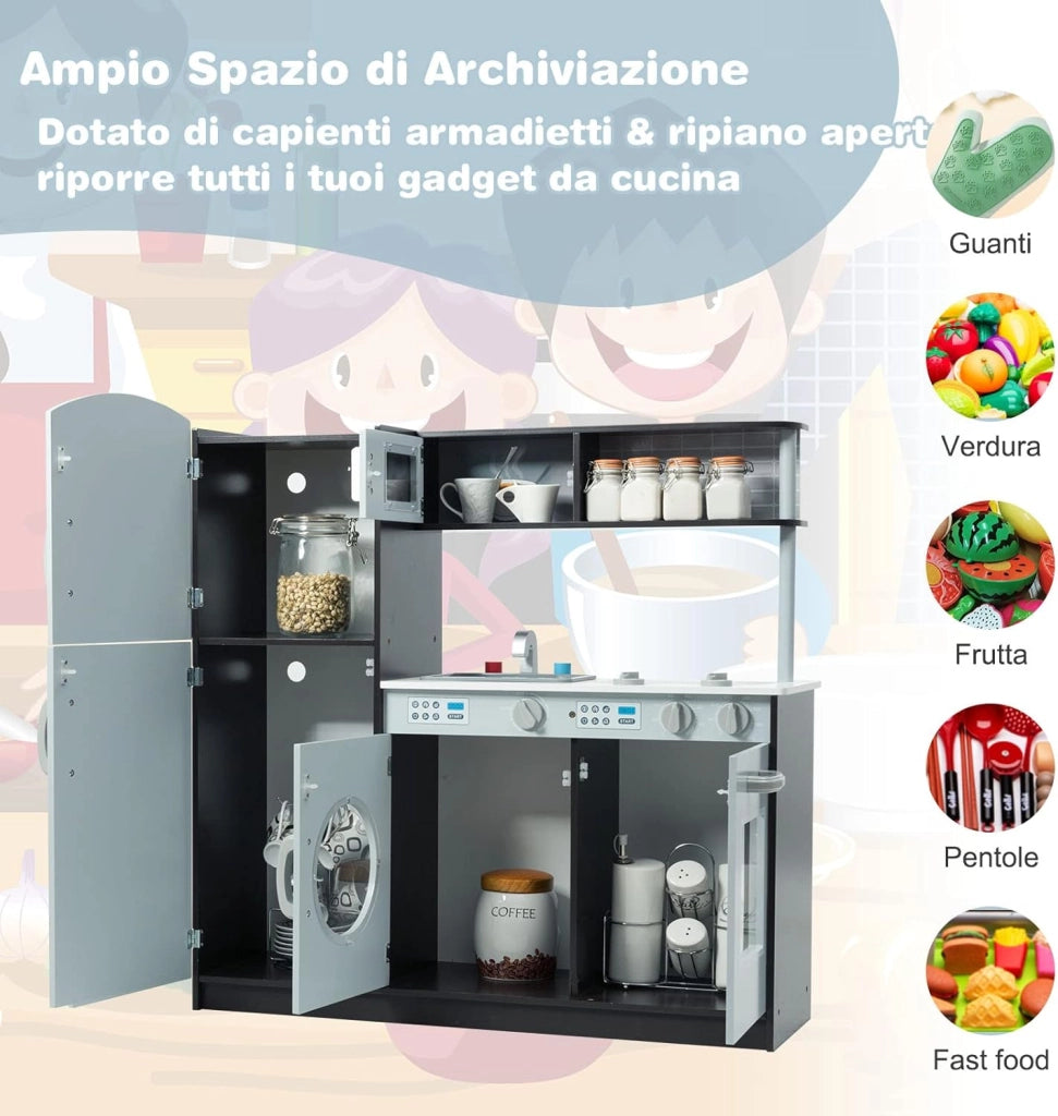 Cucina Giocattolo per Bambini con Frigorifero, Distributore d'acqua, Lavatrice, Forno, Microonde, Lavello e Rubinetto, Funzione Luci e Suoni, 3+ Anni