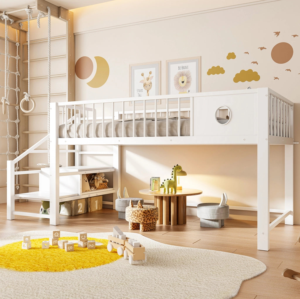 Letto a soppalco basso 90x200 cm con scala contenitore in metallo bianco