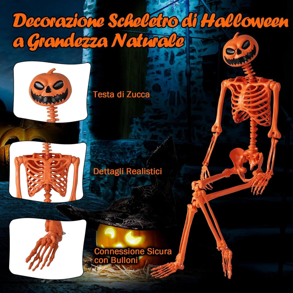 COSTWAY Scheletro di Halloween Arancione 158 CM, Scheletro a Grandezza Naturale con Testa di Zucca e Articolazioni Mobili per Decorazioni da Interno ed Esterno, Casa Infestata e Festa