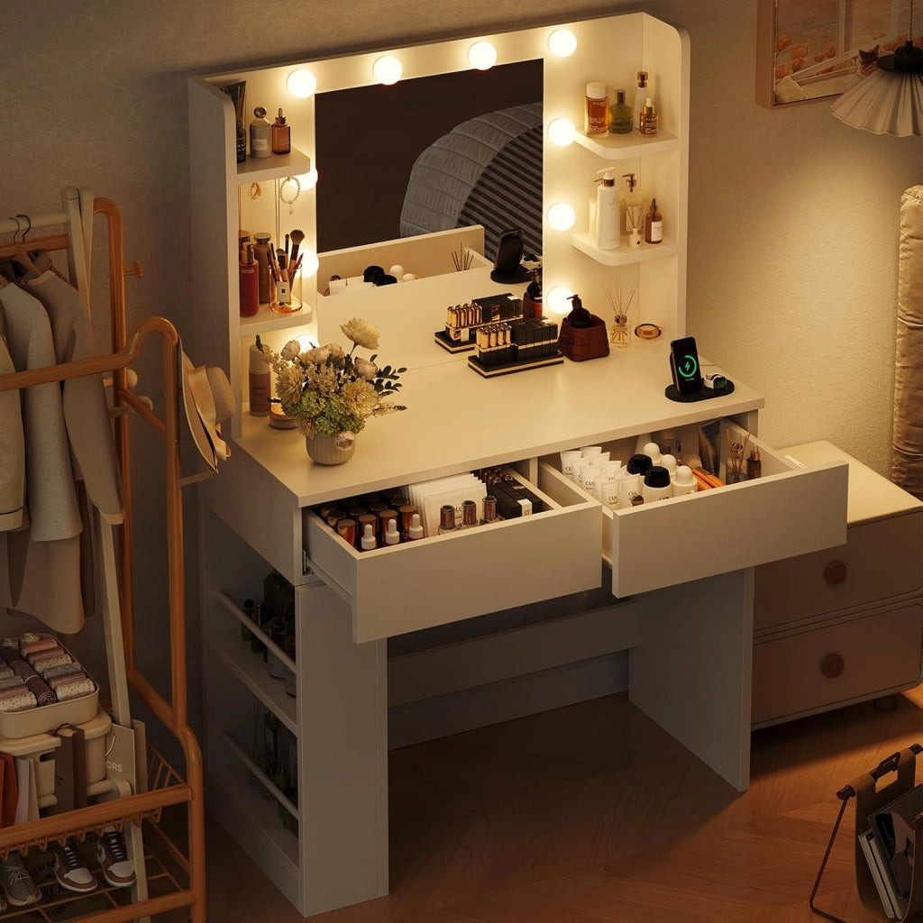 Tavolo da Trucco con Luci e Specchio, 55 x 45 cm, Comodino Moderno con Presa e Porte USB, 2 Cassetti e Scatola Laterale Regolabile, Mobile per il Make-up da Camera (Bianco)