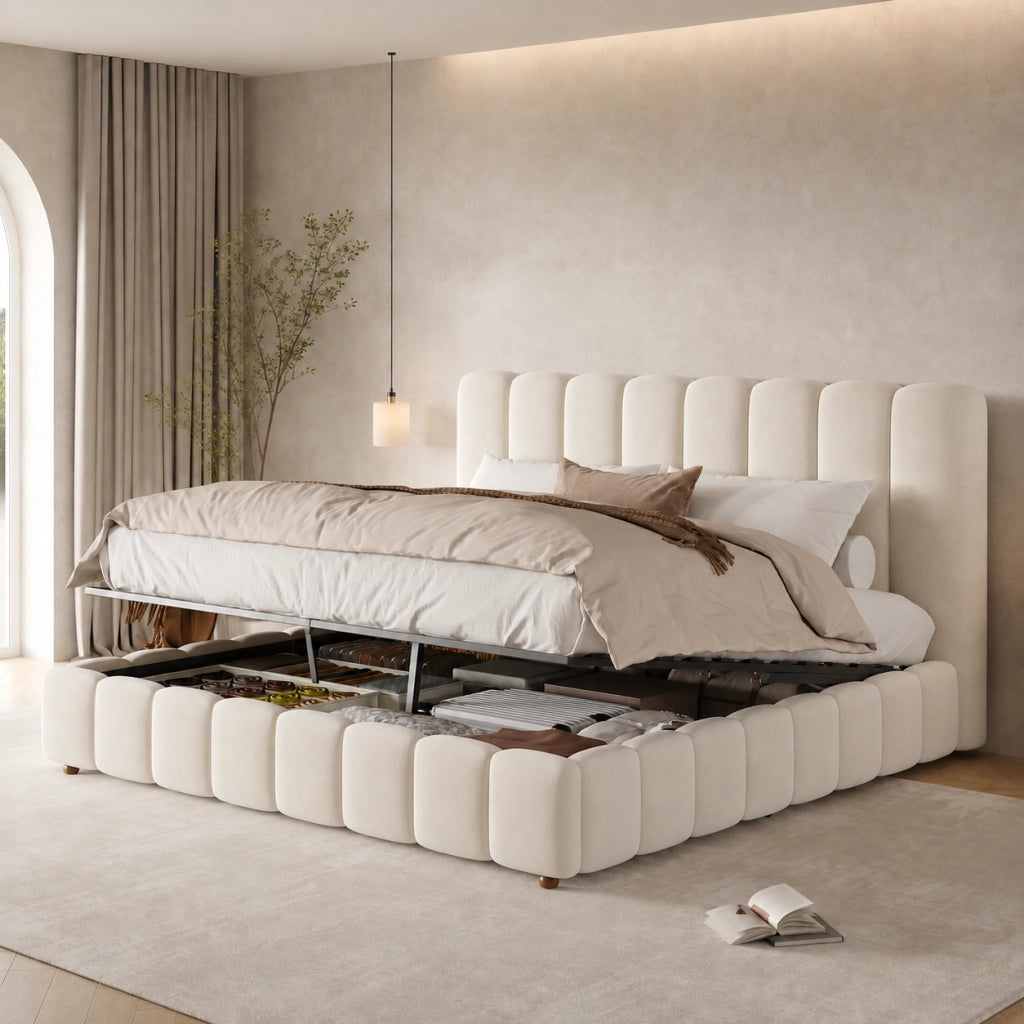 Letto contenitore matrimoniale 160 × 200 cm con sollevamento idraulico e rete inclusa, senza materasso, in velluto beige