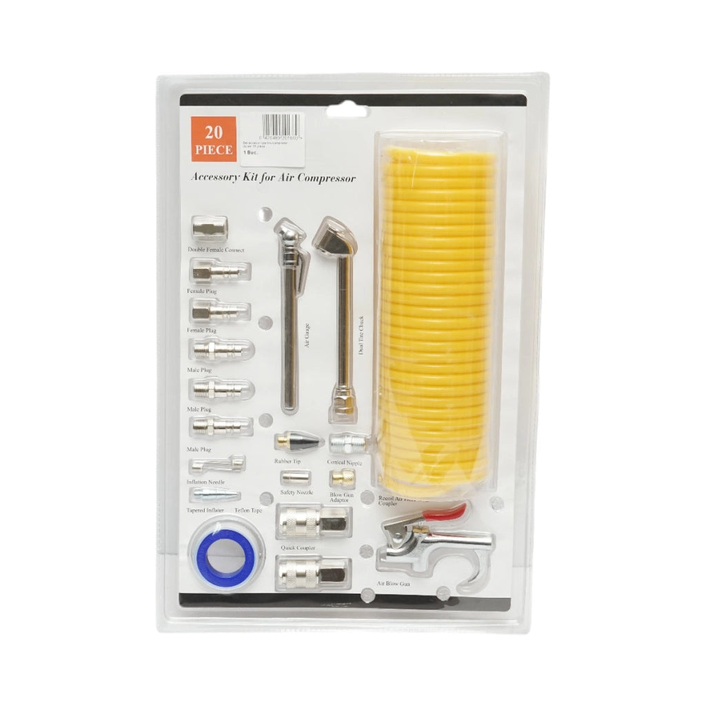 Set di 20 accessori per compressore d'aria con tubo flessibile a spirale, pistola di soffiaggio, connettori, ugelli e attacchi rapidi universali