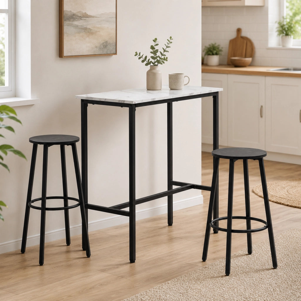 Set bar con 2 sgabelli; piano effetto marmo; acciaio; bianco