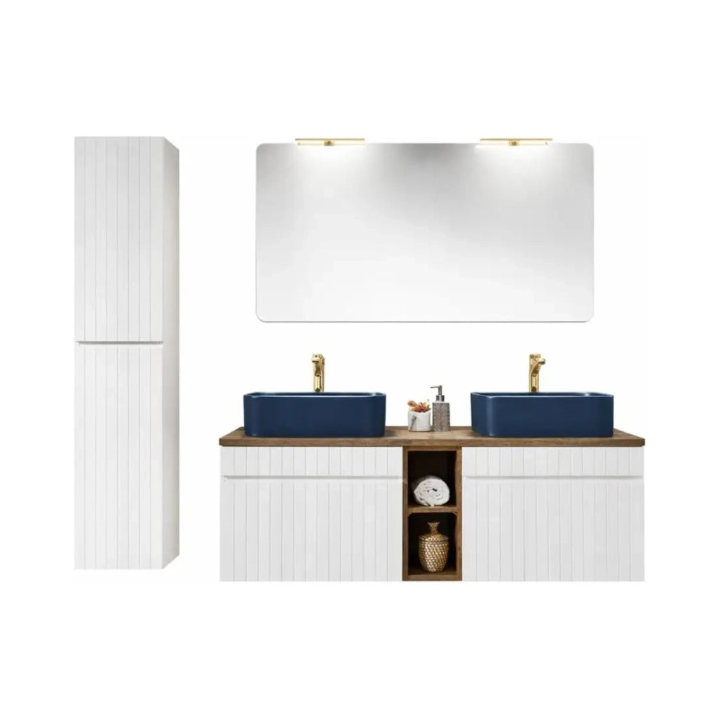 Set ICON bianco: mobile sottolavabo 140cm con nicchie in legno a vista + due lavabi da appoggio blu + specchio + LED + colonna