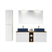 Set ICON bianco: mobile sottolavabo 140cm con nicchie in legno a vista + due lavabi da appoggio blu + specchio + LED + colonna
