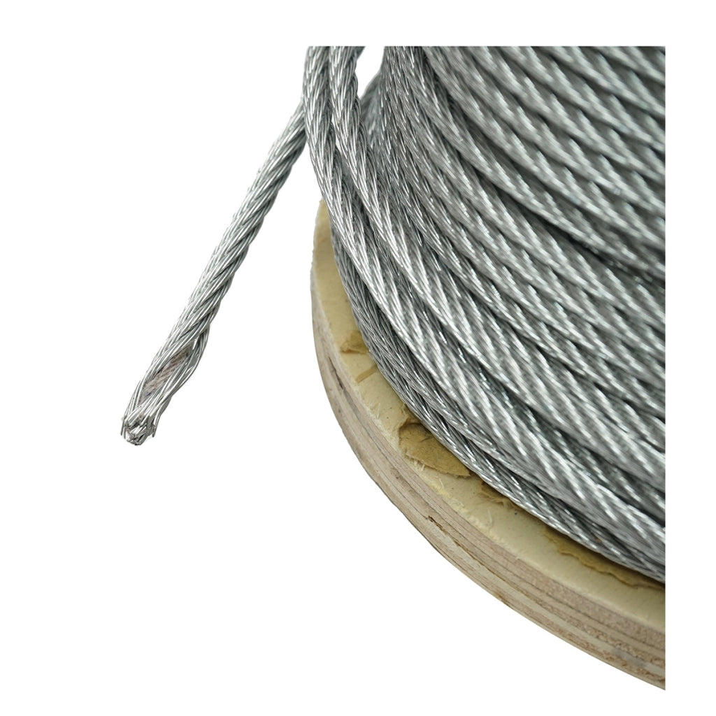 Cavo in acciaio zincato 5mm, 6x7 trefoli, carico massimo 1460Kg, peso 13,1Kg, 150m/rotolo