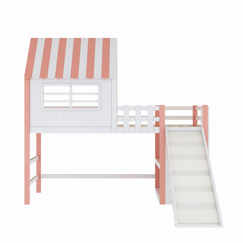 Letto a castello rosa in legno massello e MDF con scivolo e scala di sicurezza 90x200 cm