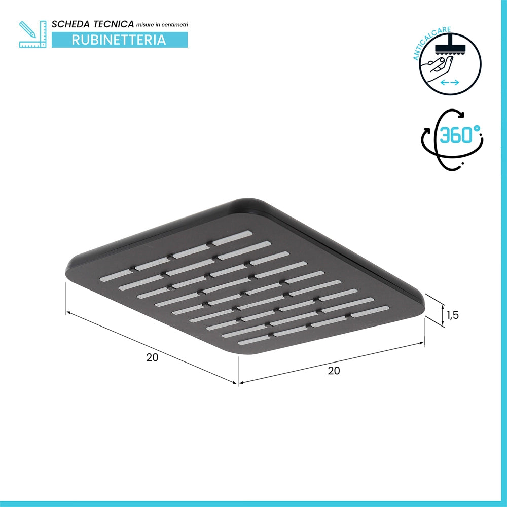 Soffione doccia 20 x 20 cm in finitura nero anticalcare Hidra