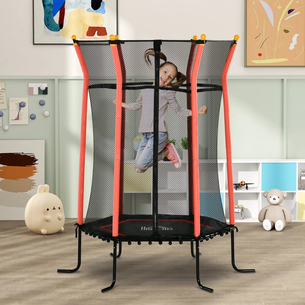 Tappeto Elastico per Bambini Ø163.5x190 cm con Ingresso a Cerniera e Pali Imbottiti Rosso