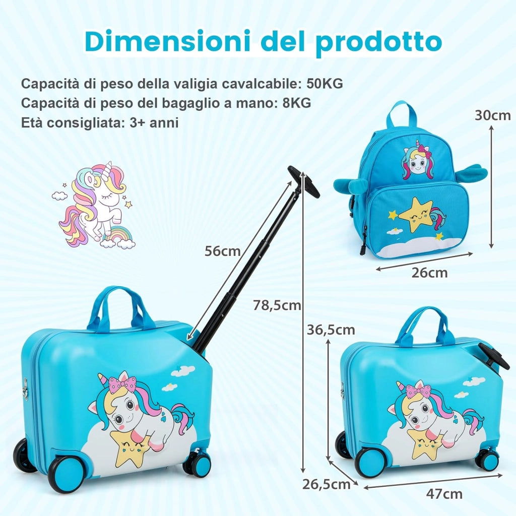 Valigia Cavalcabile per Bambini, 18" Valigia+ 12" Zaino,2 Pezzi, Trolley Bambini Bagaglio a Mano con Ruote Girevoli e Maniglia Retrattile, 2 Cingie Multiuso (Modello 2)
