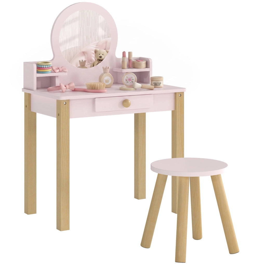 Set Toeletta Trucco Bambina con Sgabello, Specchio e Cassetto in Legno, Et¨¤ 3-6 Anni, Rosa