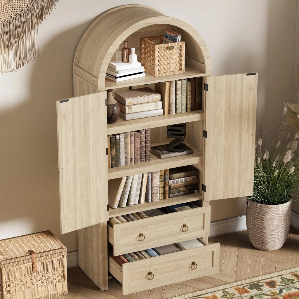 Credenza con 2 Cassetti; Ante in Rattan e Ganci Laterali; Stile Vintage; in MDF; Rovere; 80??40??180 cm