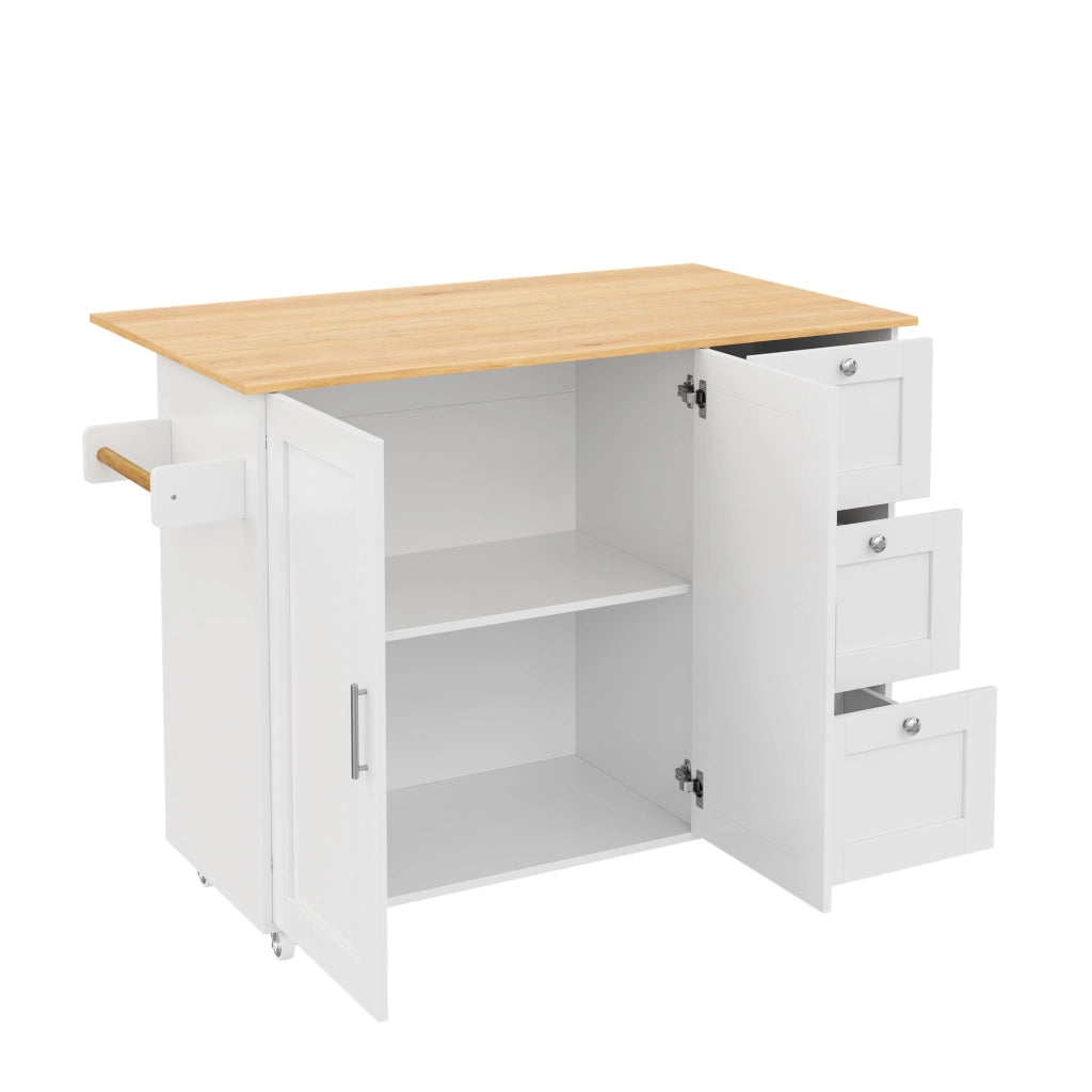 Carrello da cucina con 2 ante; 3 cassetti; piano ribaltabile; portaasciugamani e 5 ruote; in MDF; 135x70x90 cm