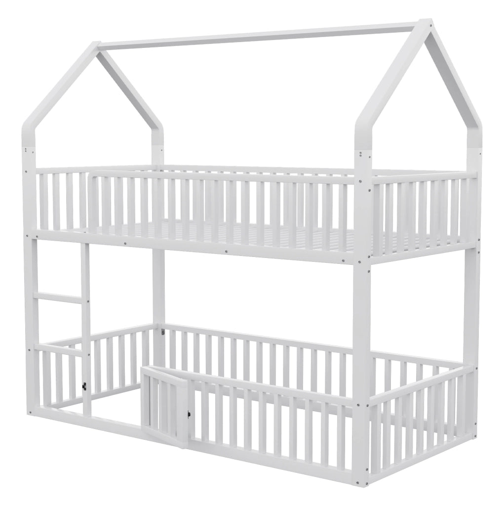 Letto a castello in metallo con design a casa, 90x200 cm, bianco