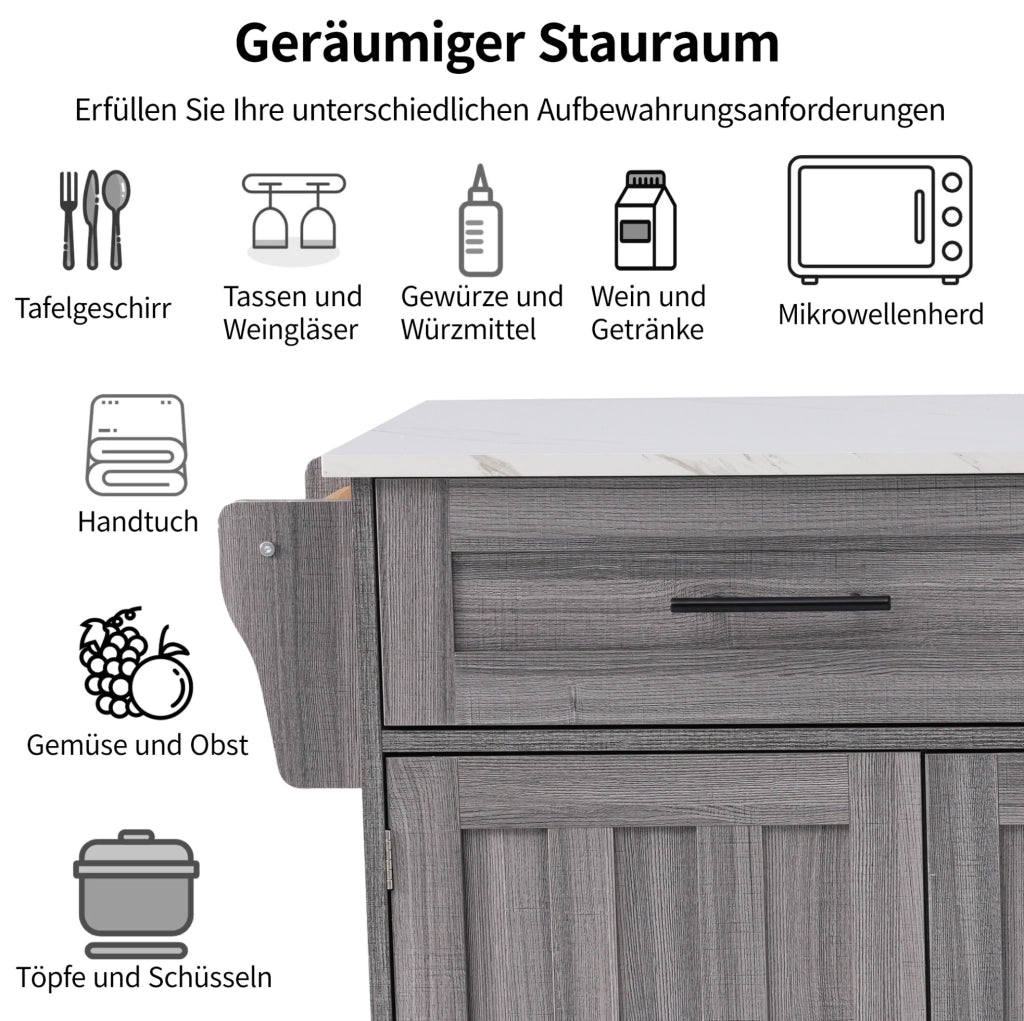 Carrello da cucina estensibile con ruote e vani, grigio/bianco