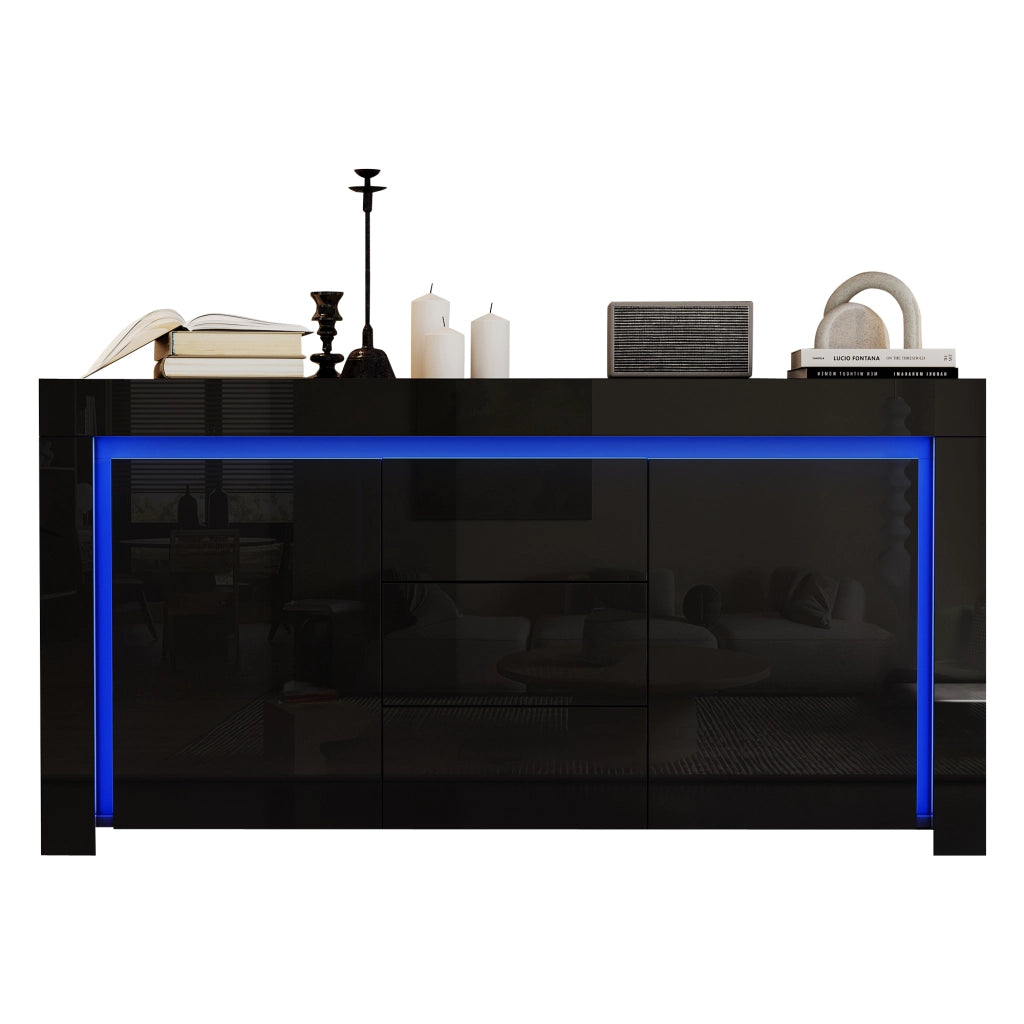 Sideboard moderno nero 140 x 40 x 65 cm con 2 ante, 3 cassetti, LED e finitura lucida