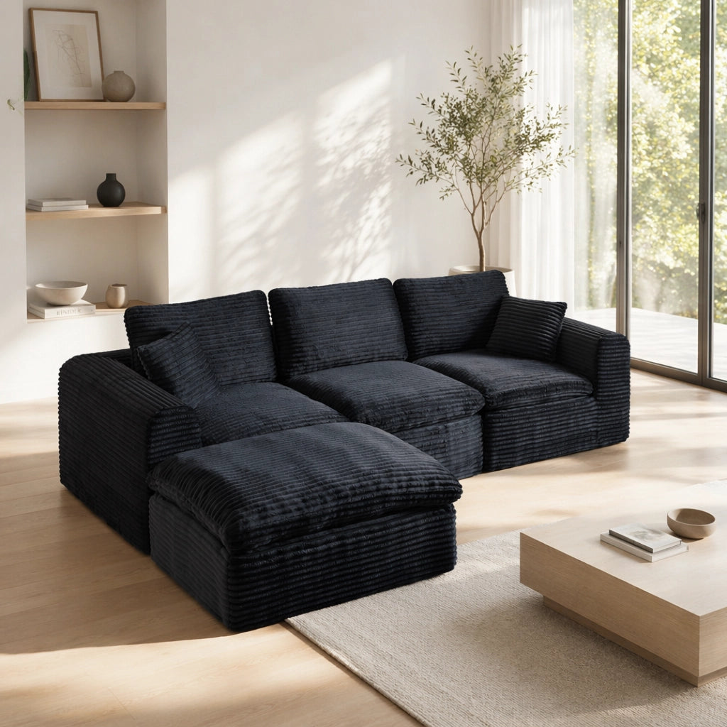 Divano modulare 280x180x65 cm configurabile 3 in 1; schiuma e molle; nero e blu