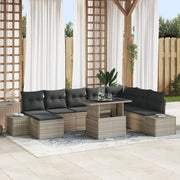 Set di divani da giardino 9 pezzi con cuscini grigio chiaro in polyrattan