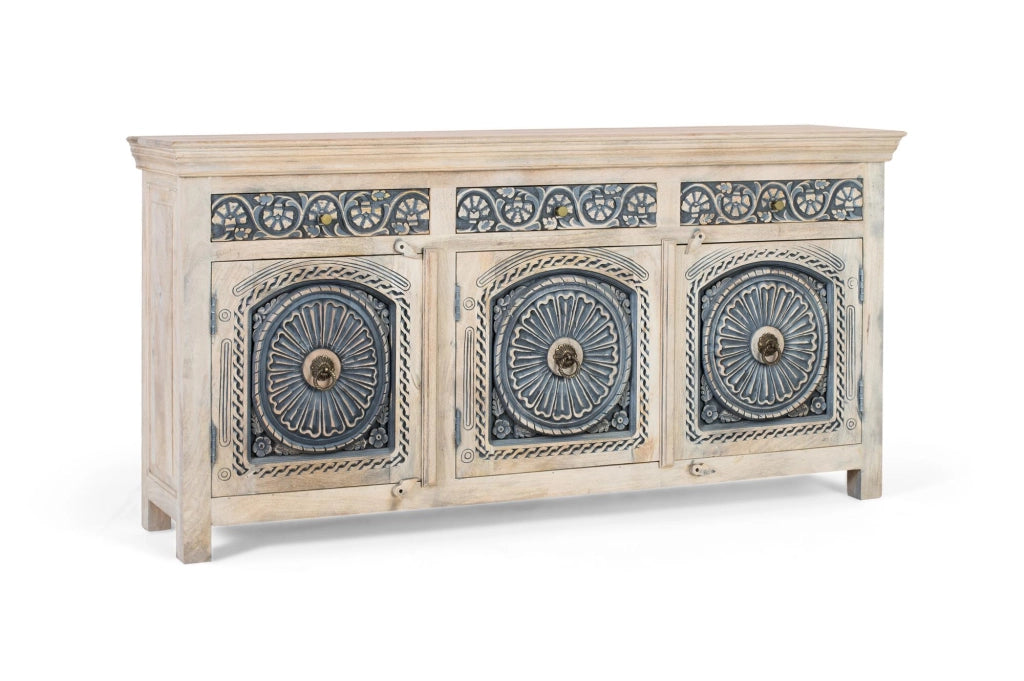 Credenza in legno massello di mango con tre cassetti e tre ante