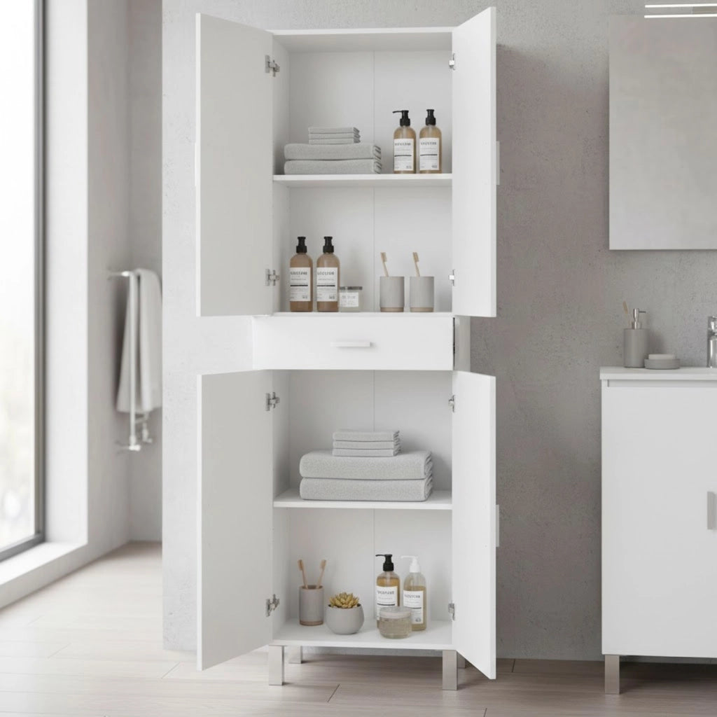 Colonna Bagno 4 Ante 4 Ripiani Cassetto Mobile Alto Moderno Salvaspazio Mensole Regolabili Elegante Minimal Per Lavanderia Ripostiglio 182 X 60 X 29 Cm Colore Bianco