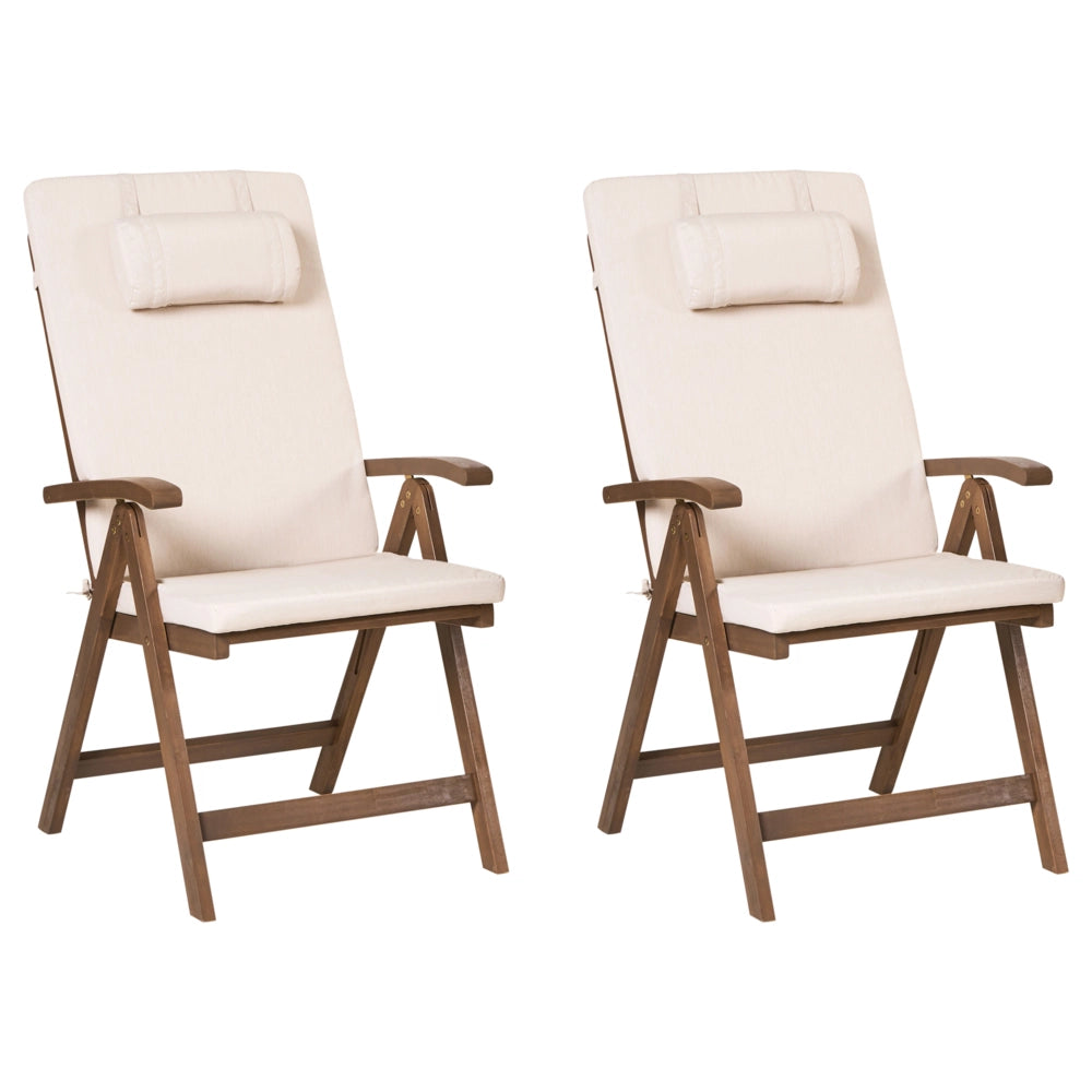 Set di 2 sedie da giardino rustiche in legno d'acacia naturale e cuscini beige chiaro regolabili e pieghevoli per esterni con braccioli in stile rustico